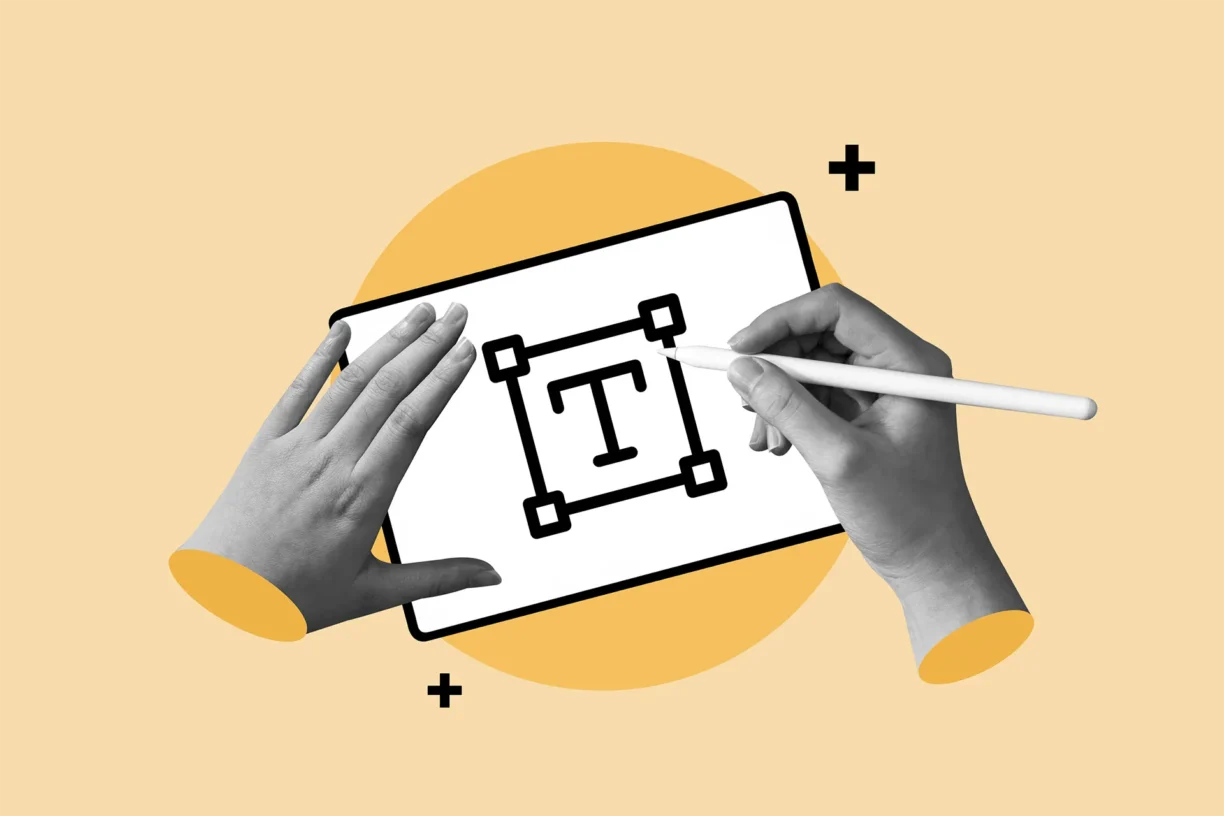 Hands edit a brochure design on an electronic tablet