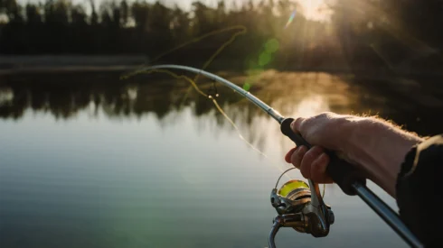 A hand holds a fishing rod cast across a sunny pond