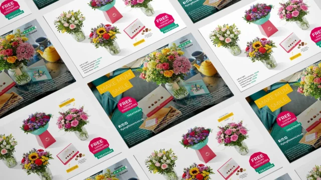 A colourful spread of Flying Flowers printed mail marketing campaign to drive sales - designed, printed and mailed by Webmart, integrated marketing specialists