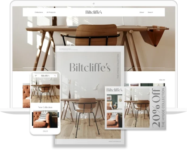 Integrated marketing campaign showing a website, mobile website design, printed mail catalogue, and direct mail offer letter
