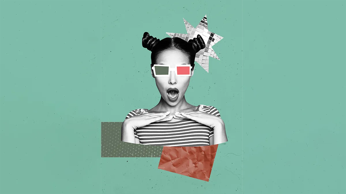woman wearing 3D paper glasses