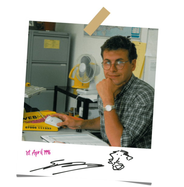 Polaroid style image of the founder of Webmart from April 1996