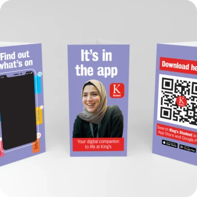 Event signage promoting King's College London's app for new students, supplied by integrated marketing agency Webmart