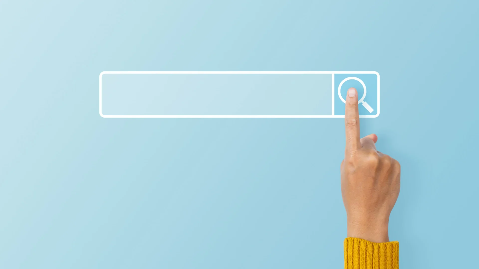 A hand reaches out to press a search icon on a screen