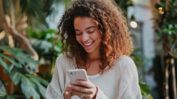 A person smiles down at their mobile phone
