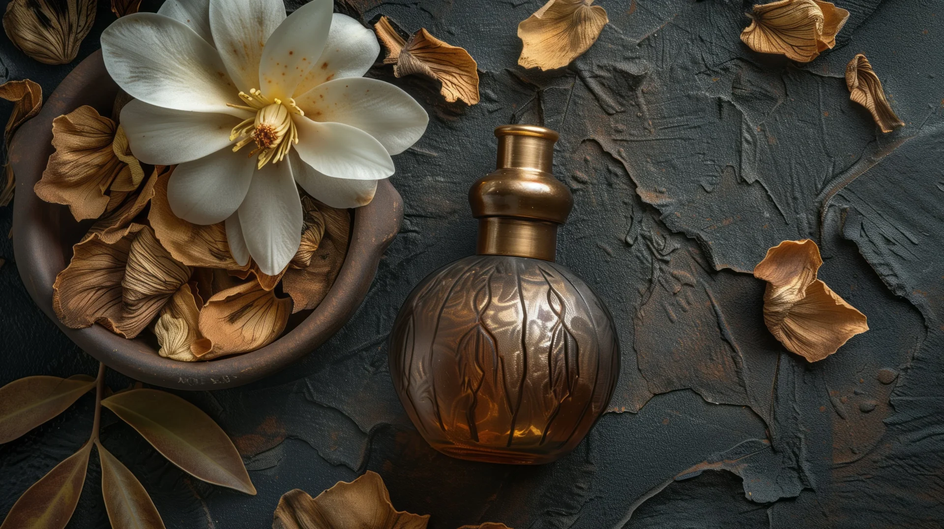 Image of scent bottle on concrete background with petals and flowers in the background.