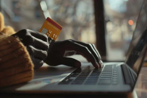 Image of female hands holding a bank card and paying for a product on a laptop
