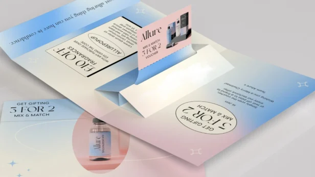 Printed marketing materials for Allure promotional offers with pop-up mechanism inside, showing the creativity Webmart uses to produce print materials that pop.