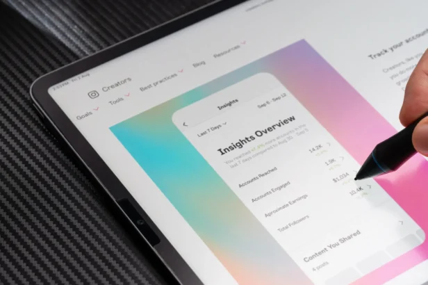 A tablet shows insights for digital marketers on the screen - Insta creator insights for social media marketing campaigns.