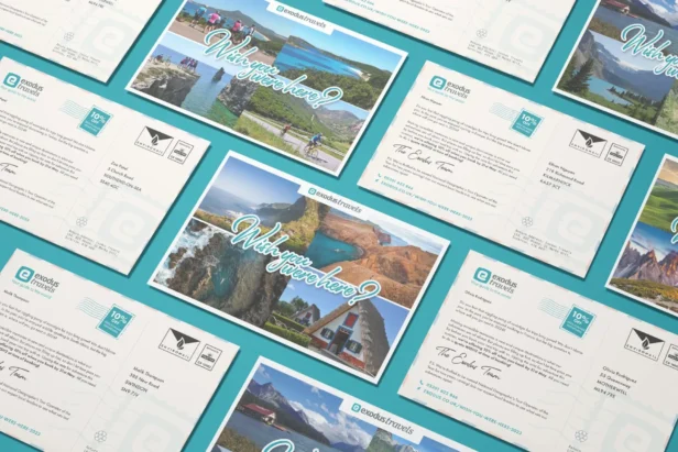 Spread of Exodus Travels printed mail postcards with discount code for their campaign with Webmart, travel agent marketing specialists