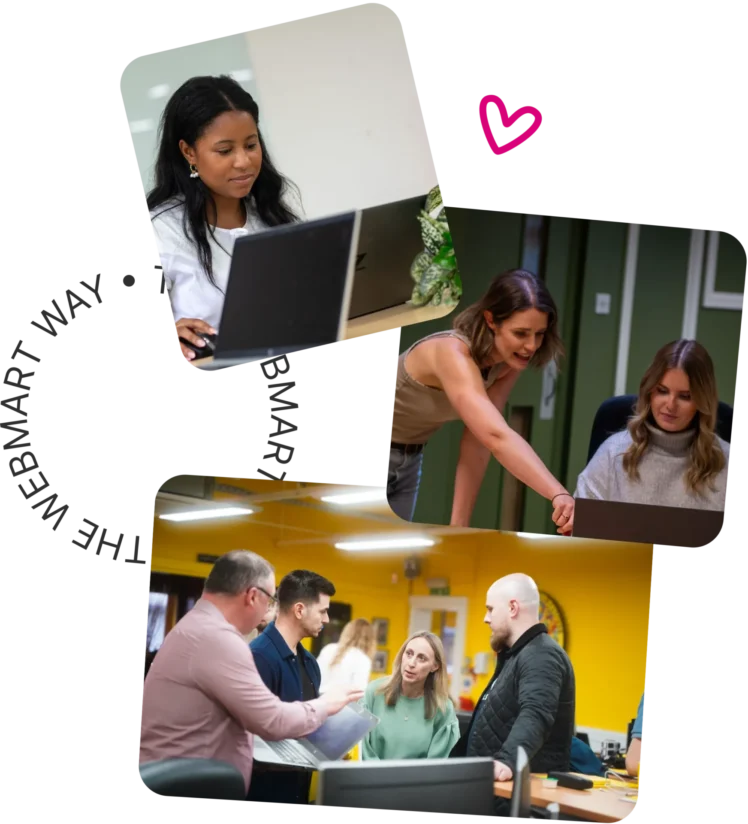 A collection of images that show various members of the Webmart team working on projects.