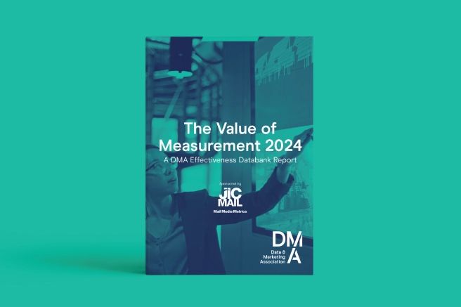 Turquoise background with the cover of the DMA and JICMAIL report on 'The Value of Measurement 2024'