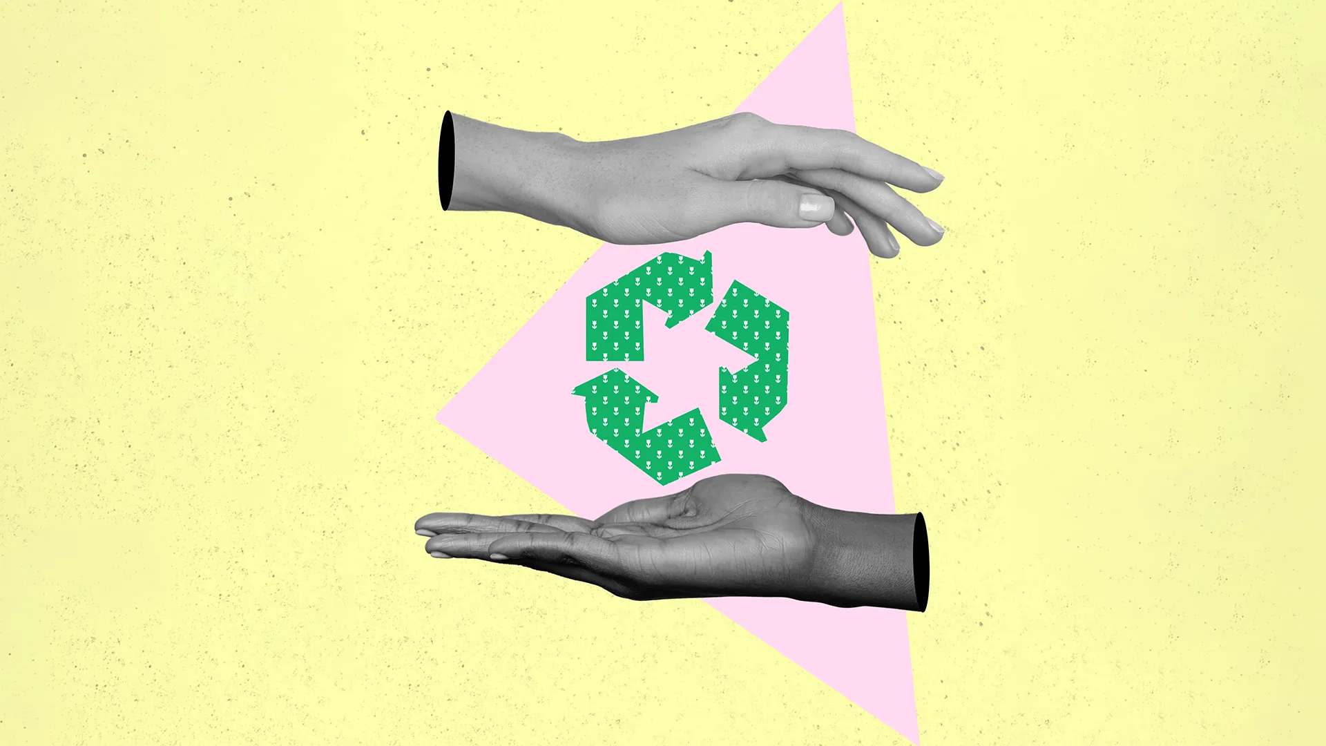 two hands surround a green recycling logo