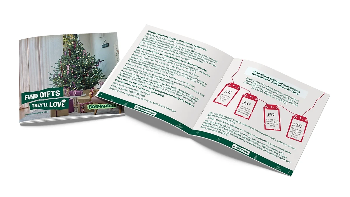 Barnardo's 2024 Christmas charity catalogue cover and inside spread. Creative, print and mail distribution by Webmart