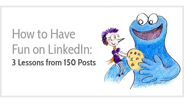 How to maximise your content for social media blog article with a drawing of a person with a blue cookie monster. 3 marketing lessons from 150 posts.