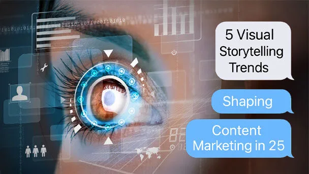 Visual storytelling trends article with a close up of a person's eye, overlaid with digital images of graphs and people. Graphics resemble a chat feed with blue and white speech bubbles on the right hand side of the image.