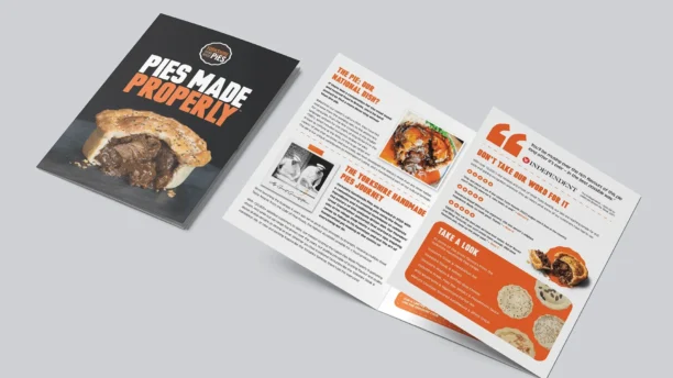 A trifold direct mail piece featuring photography of deep filled, Yorkshire Handmade Pie. Designed and printed by direct mail specialists Webmart.