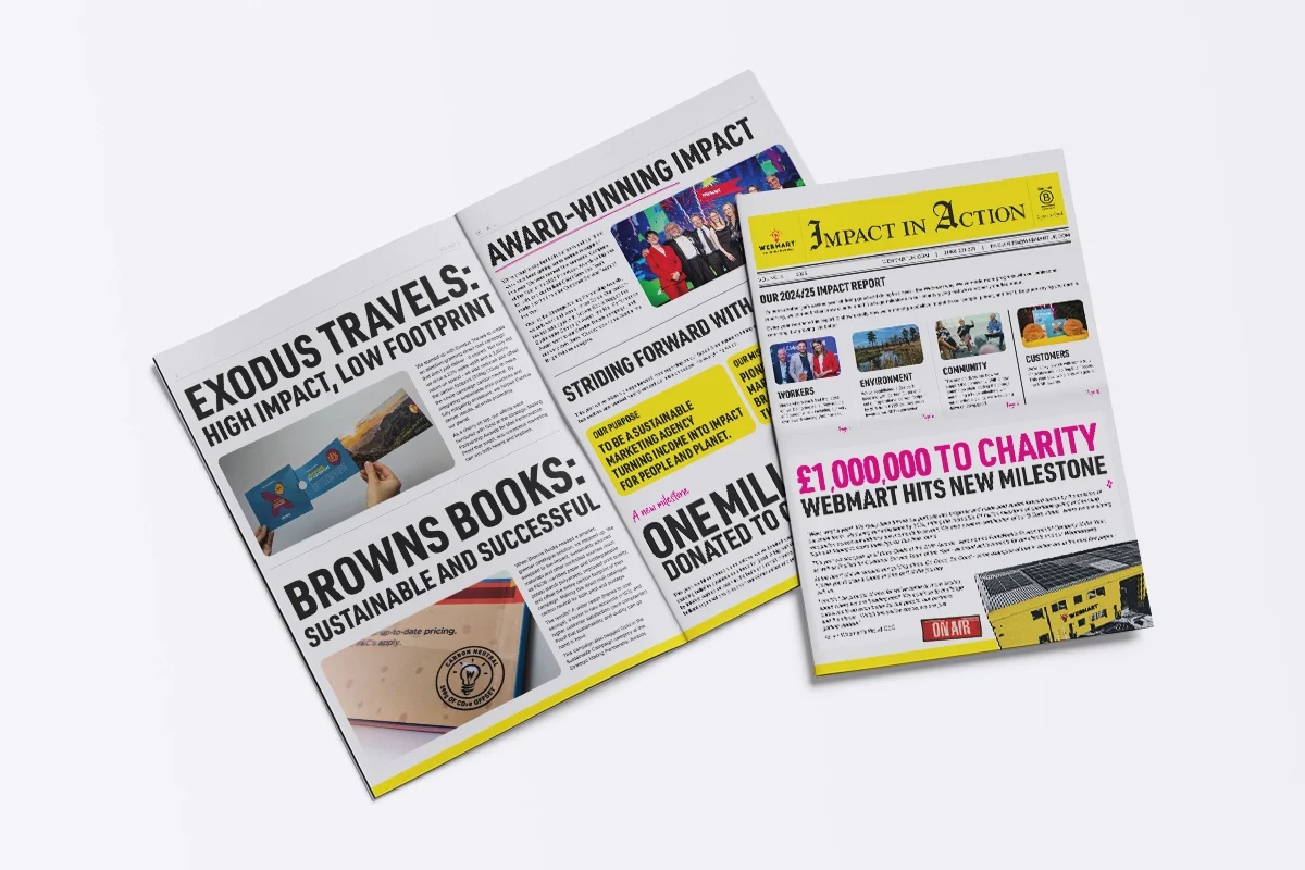 Webmart's 2024/25 Impact Report in a newspaper format designed to showcase our latest updates.