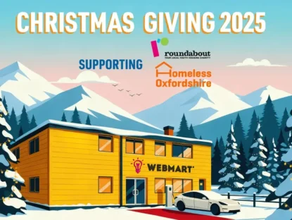 Webmart's Christmas Giving 2025 graphic image logo's for Homeless Oxfordshire and Roundabout Youth Housing Charities