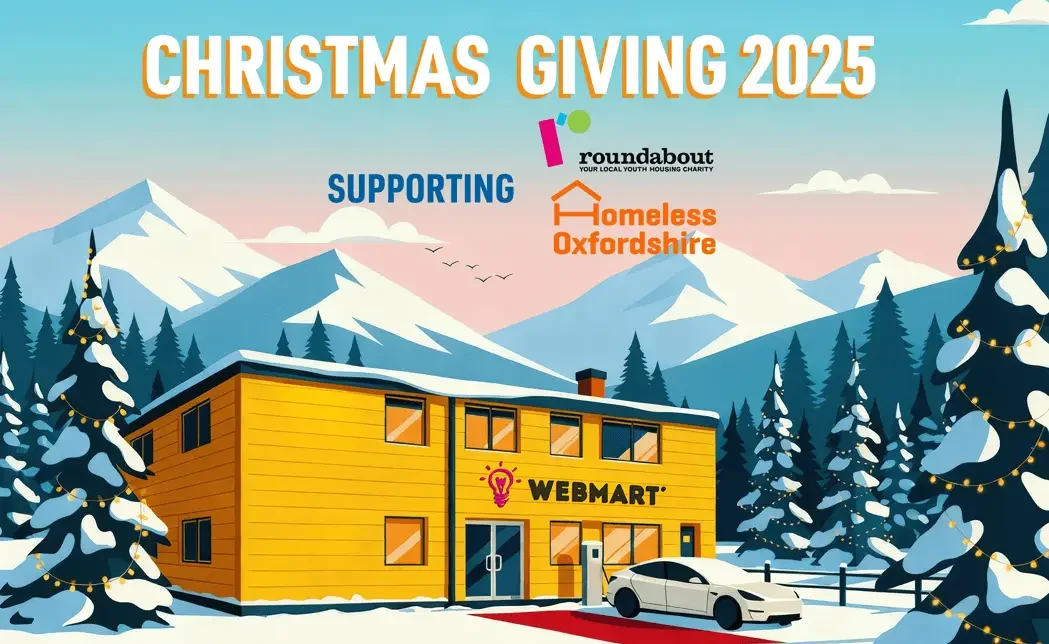 Webmart's Christmas Giving 2025 graphic image logo's for Homeless Oxfordshire and Roundabout Youth Housing Charities