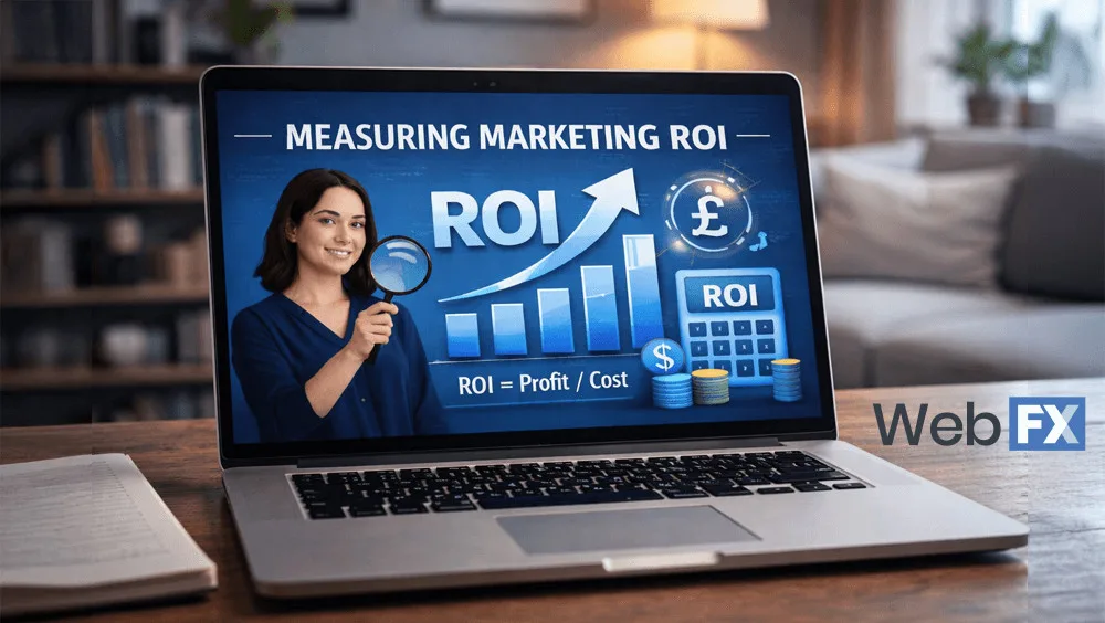 A super simple guide to measuring and improving your digital marketing ROI. Laptop screen showing measuring marketing AI graphic
